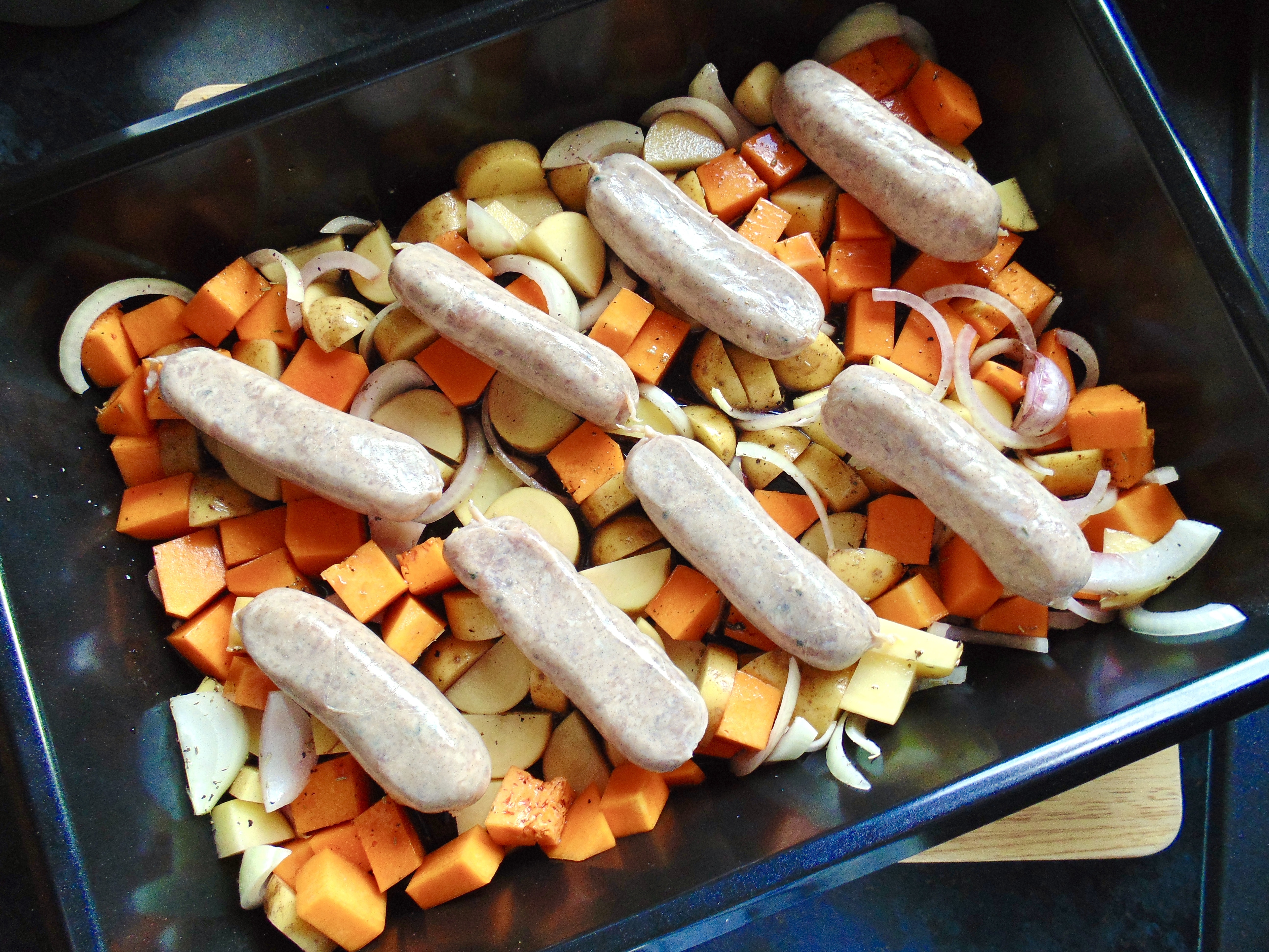 one pan sausage, squash, potato and red wine traybake