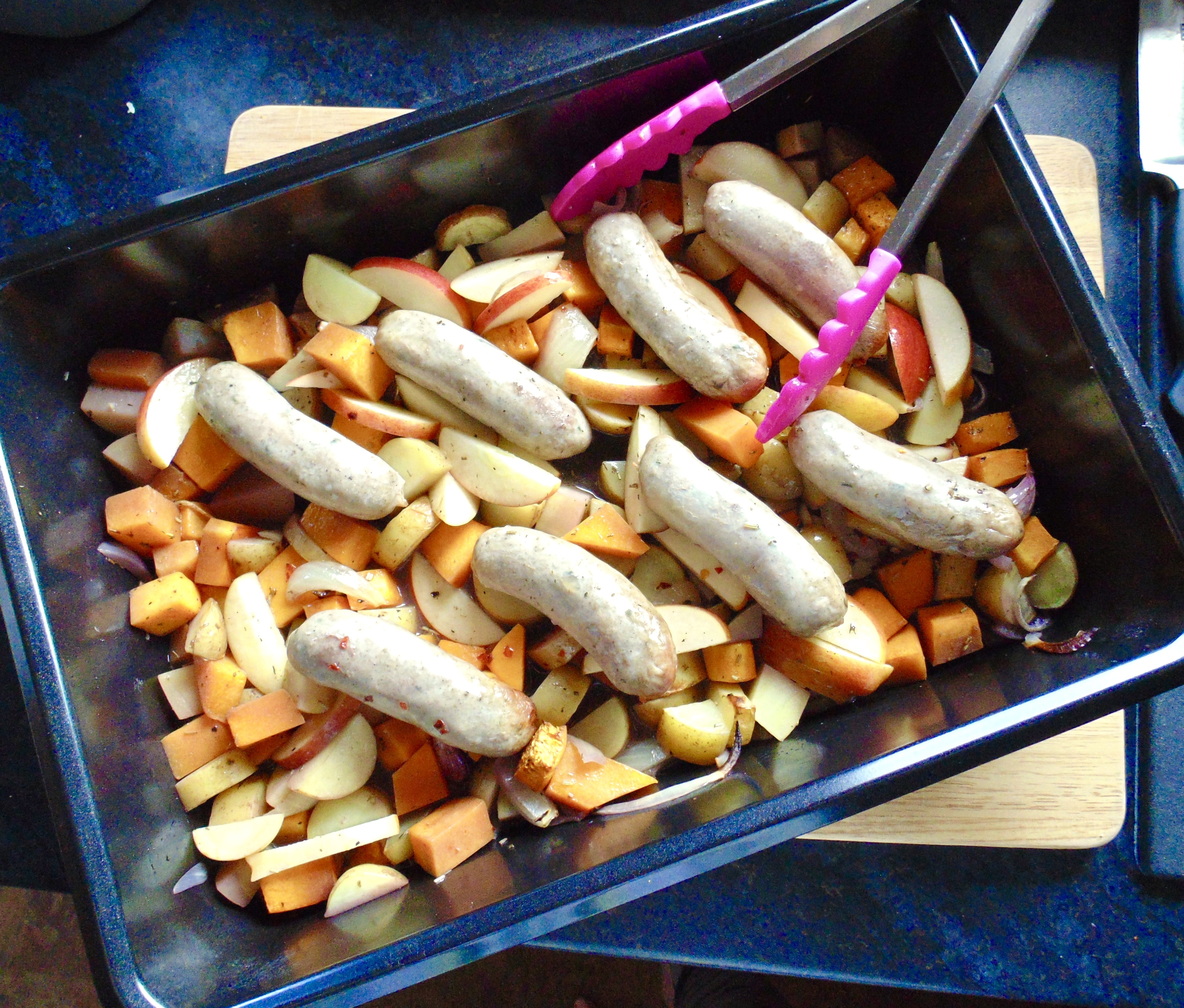 one pan sausage, squash, potato and red wine traybake