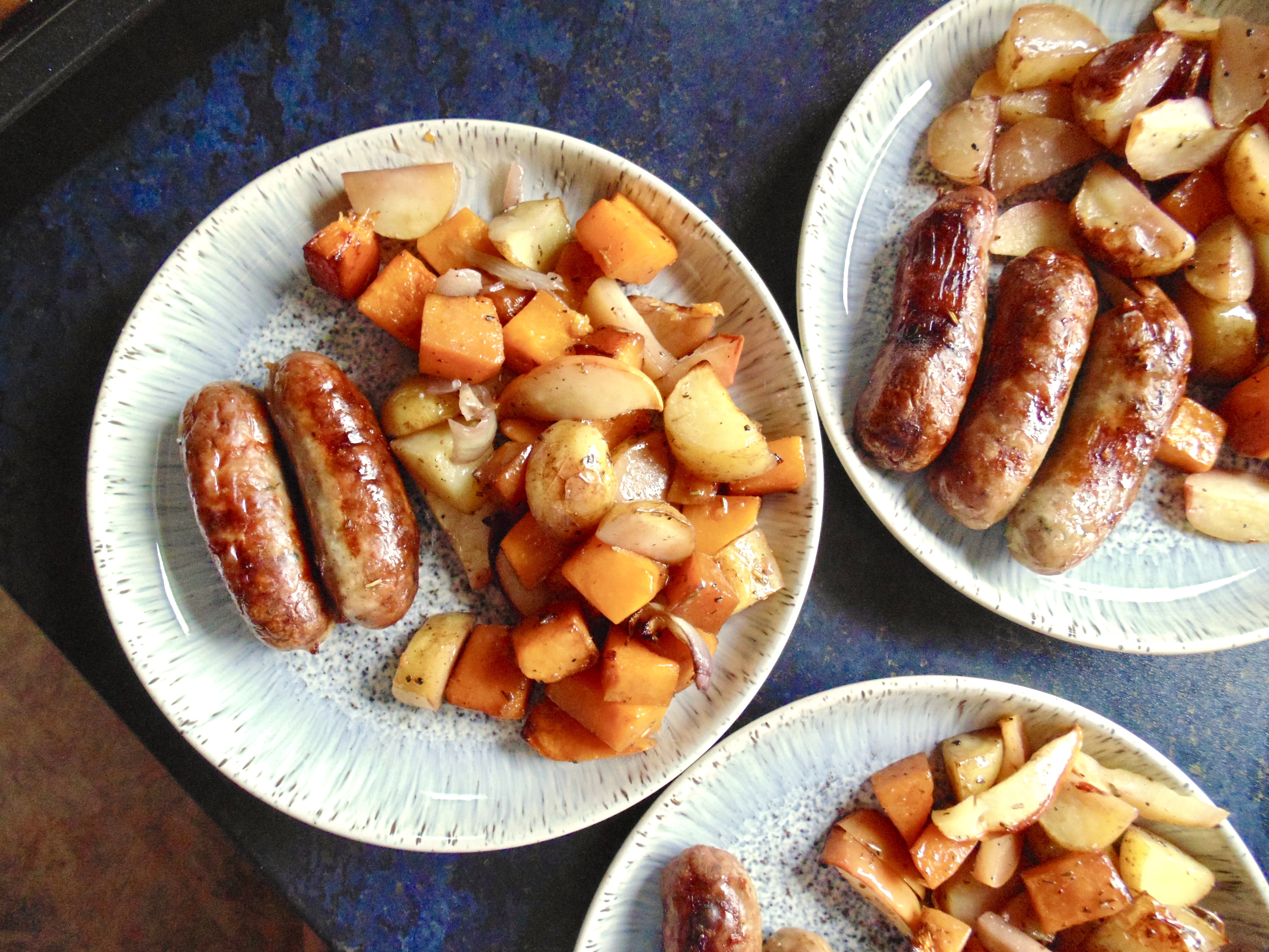 one pan sausage, squash, potato and red wine traybake