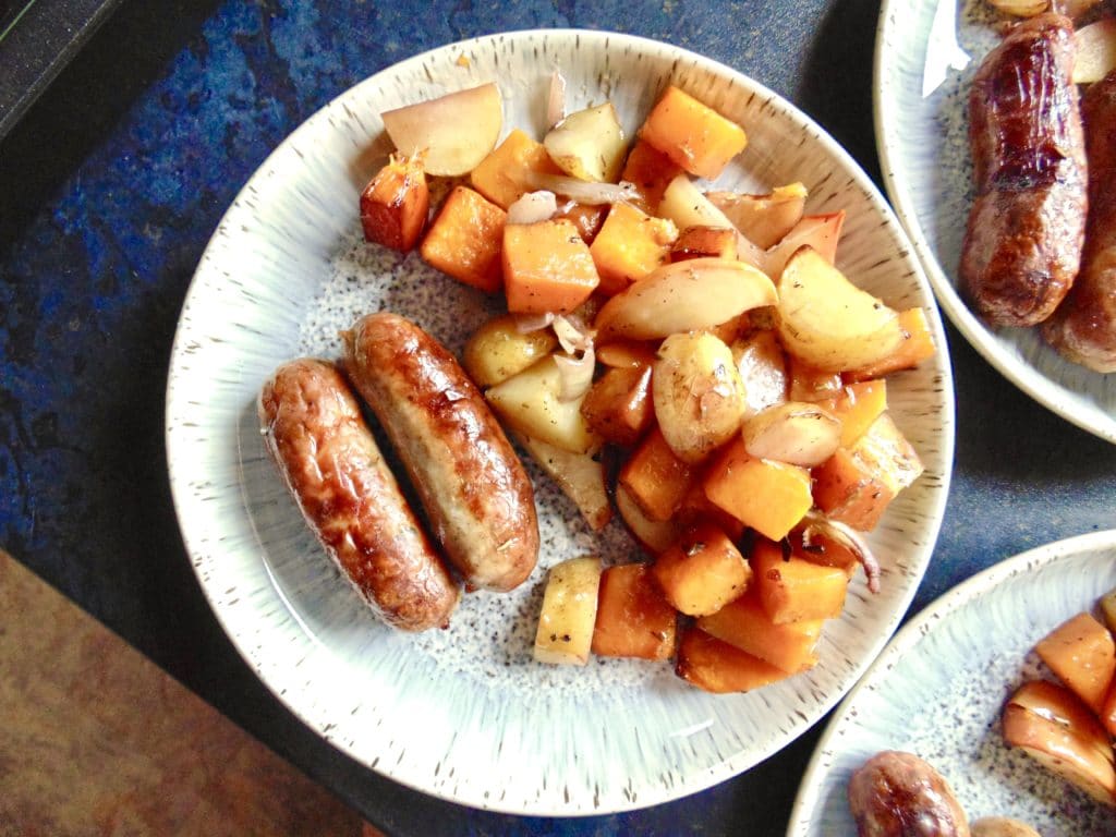 one pan sausage, squash, potato and red wine traybake