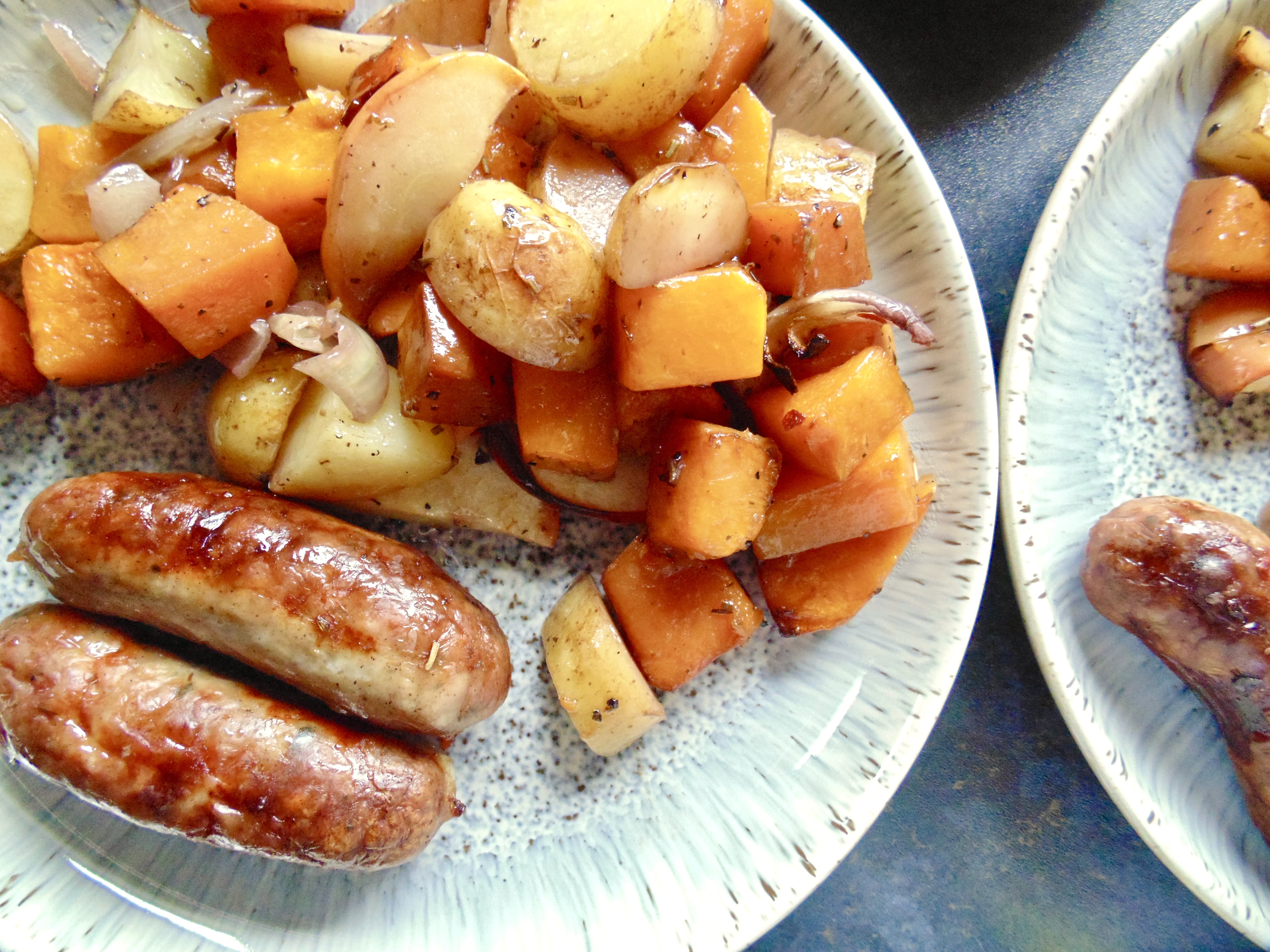 one pan sausage, squash, potato and red wine traybake