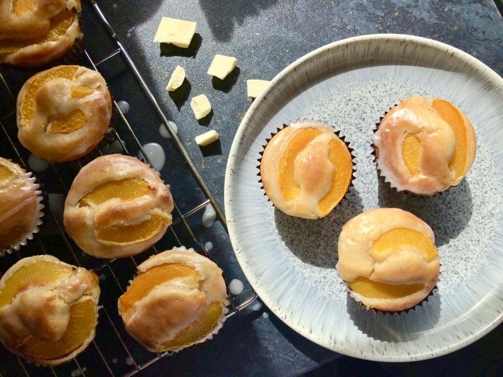 peach and white chocolate muffins
