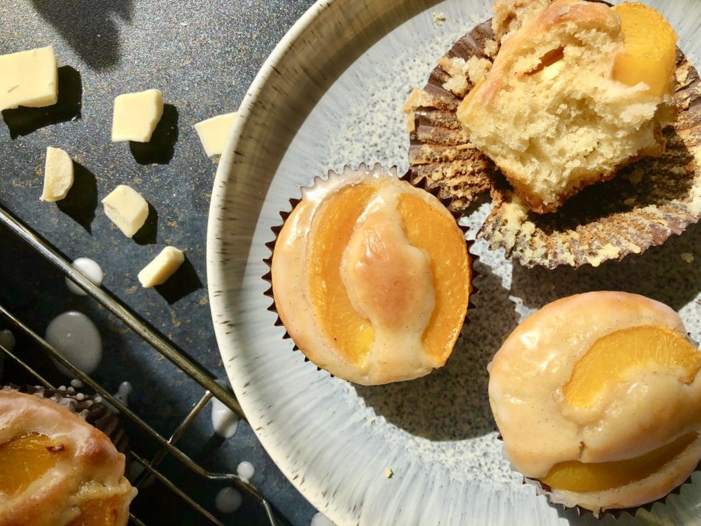 peach and white chocolate muffins