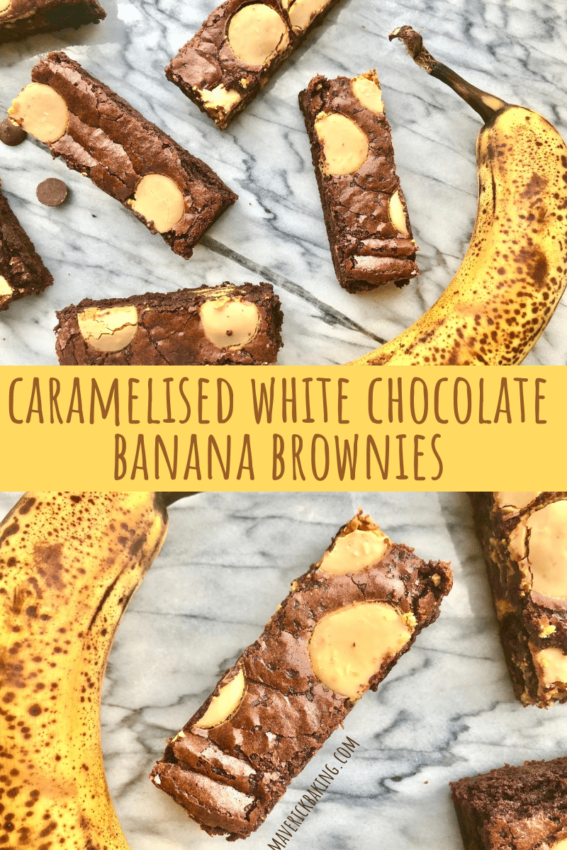 Caramelised white chocolate banana brownies maverick baking