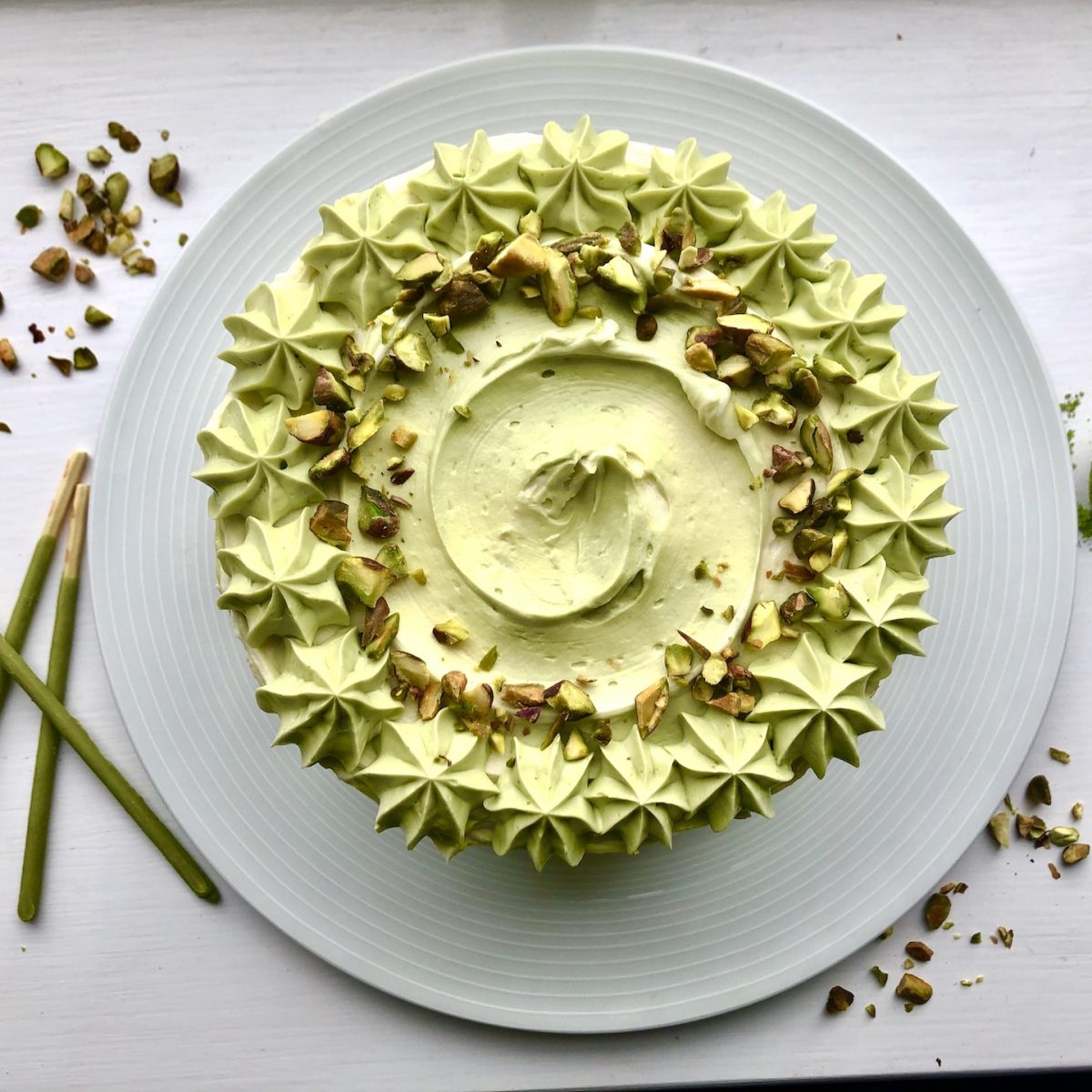 Matcha Cake with White Chocolate and Pistachios