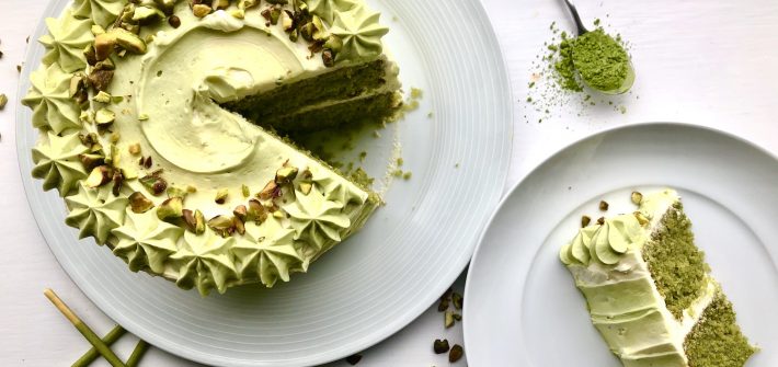 Matcha Cake with White Chocolate and Pistachios