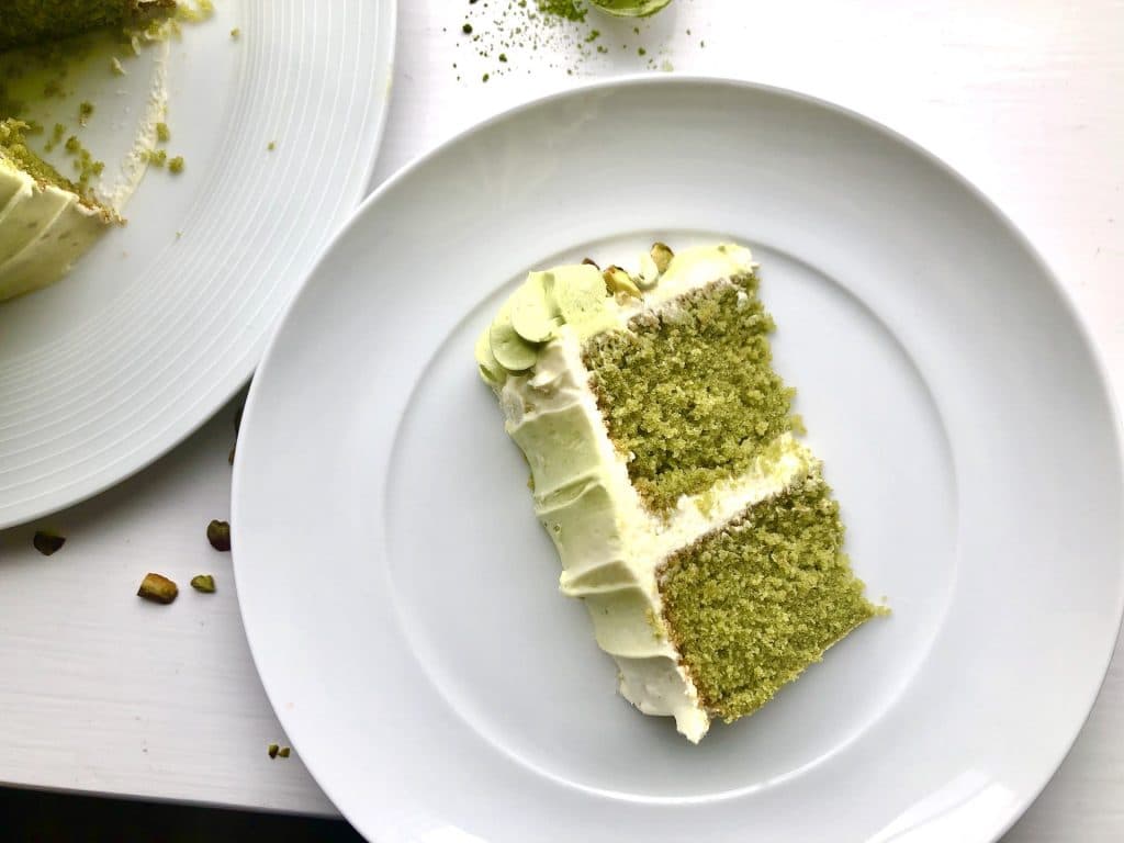Matcha Cake with White Chocolate and Pistachios