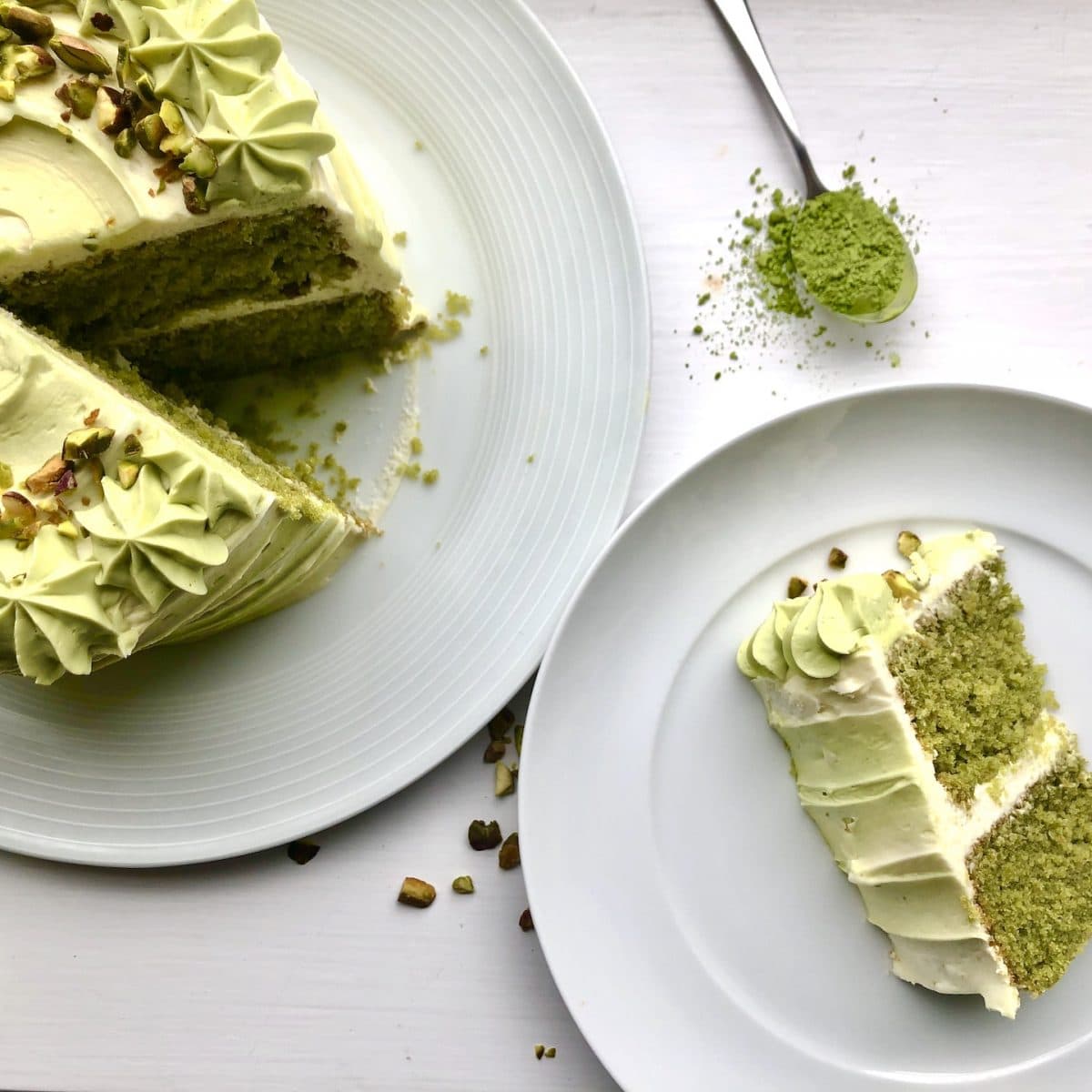 Matcha Cake with White Chocolate and Pistachios