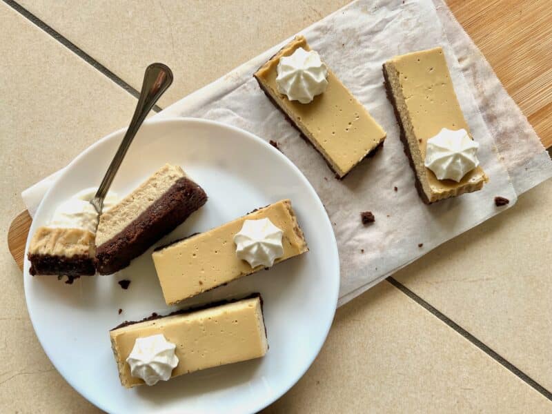 Baked Coffee Cheesecake Bars with Salted Chocolate Biscuit Base